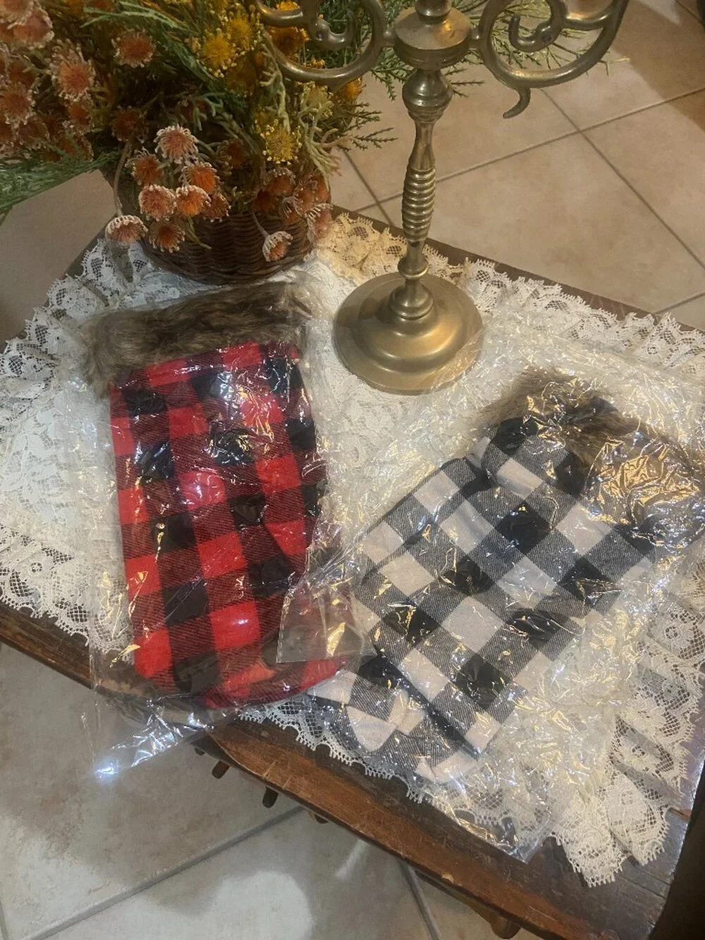 Lot of 2 Buffalo Plaid Wine Bottle Gift Bags Faux Fur Trim Christmas Holiday NEW